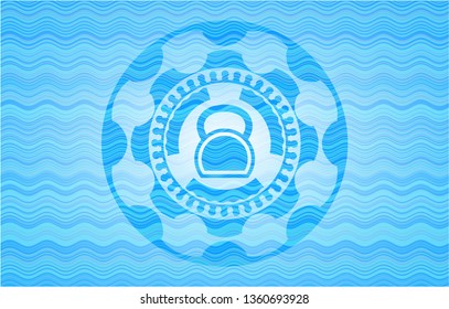 kettlebell icon inside sky blue water emblem.