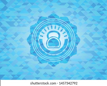 kettlebell icon inside sky blue emblem with mosaic background