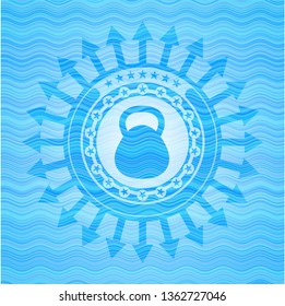 kettlebell icon inside water representation style badge.