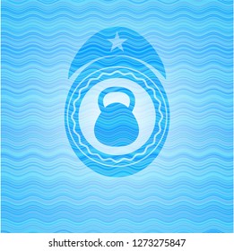 kettlebell icon inside water wave concept style badge.