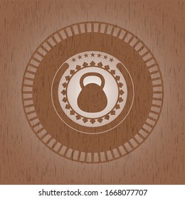 kettlebell icon inside wooden emblem. Retro