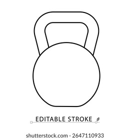 A kettlebell icon in minimalist style with editable stroke. Strength training, gym equipment, weightlifting tool, fitness object, bodybuilding gear, workout element, outline vector illustration.