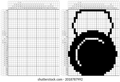 Kettlebell Icon Nonogram Pixel Art, Logic Puzzle Game Griddlers, Pic-A-Pix, Picture Paint By Numbers, Picross, Metal Ball With A Handle Used For Exercise Vector Art Illustration