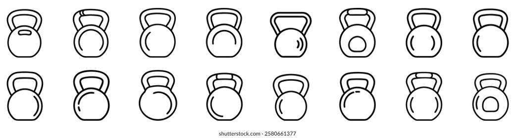 Kettlebell icon. Set of black linear icons of kettlebells for working out. Vector illustration