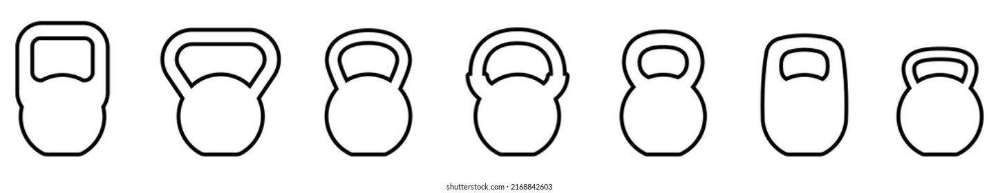 Kettlebell Icon. Set Of Different Kettlebell. Vector Illustration. Kettlebell For A Sports Hall. Black Linear Signs