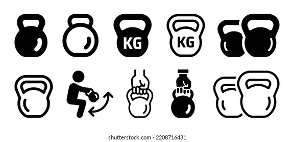 Kettlebell icon set in line and outline design. Strength training kettlebells symbol.