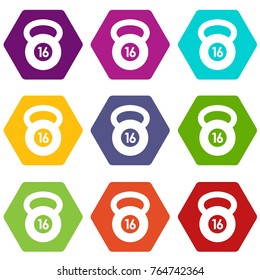 Kettlebell icon set many color hexahedron isolated on white vector illustration