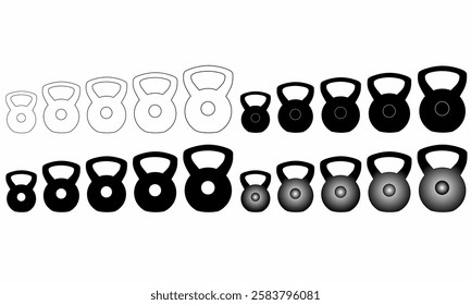 Kettlebell icon set in various styles, including outline, solid, and gradient. Perfect for fitness, gym, and workout-related designs. Vector illustration