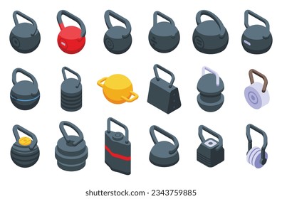 Los iconos de Kettlebell establecen un vector isométrico. Hierro de fitness. Deporte en Kilograma