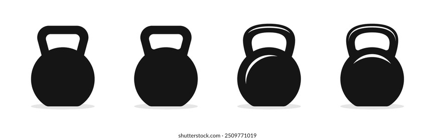 Ícones Kettlebell. Ícones de peso. Conjunto de diferentes kettlebells. Ilustração vetorial de Kettlebell. Caldeirão de fitness. Peso do vetor