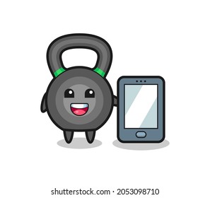 kettlebell illustration cartoon holding a smartphone , cute style design for t shirt, sticker, logo element