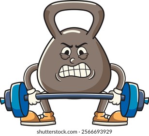 Kettlebell lifting Olympic Barbell in Retro Cartoon Character Illustration