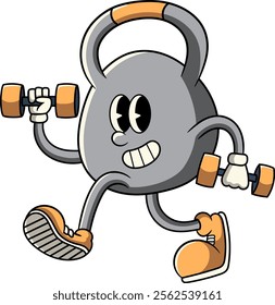 Kettlebell lifting two Dumbbell in Retro Cartoon Character Vector Illustration