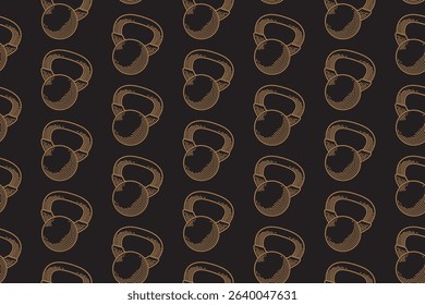 Kettlebell line art seamless pattern on black background. Iron ball with handle engraving doodle pattern background. Power bell hatching motif wallpaper. Fitness, gym, weightlifting merchandise