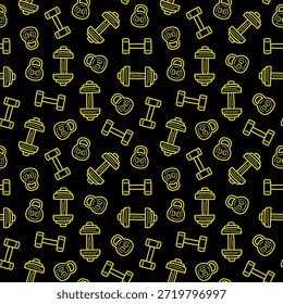 Kettlebell line art seamless pattern background. Dumbbell Weight Illustrations. Doodle gym seamless pattern background. fitness pattern background. Fitness and gym doodle pattern. 