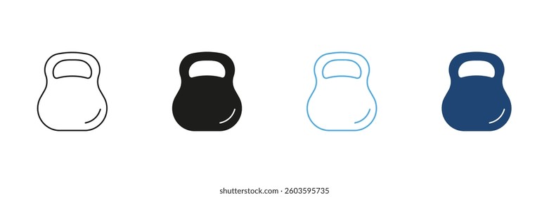 Kettlebell Line and Silhouette Icon Set. Sports And Fitness For Strength Training And Healthy Lifestyle Concept. Editable Stroke. Isolated Vector Illustration.