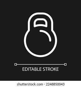 Kettlebell Pixel perfekt weiß lineares Icon für dunkles Thema. Sportartikelgeschäft. E-Commerce. Piktogramm der Vektorlinie. Identifiziertes Benutzeroberflächen-Symbol für den Nachtmodus. Bearbeitbarer Strich. Arithmetik verwendet