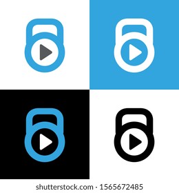 Kettlebell and play symbol, vector logo icon design