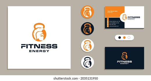 Kettlebell with spartan on negative space. Fitness, gym logo and business card design template inspiration