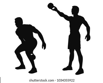 Kettlebell swings (crossfit exercise) male silhouette isolated on white.