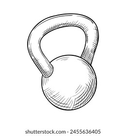 Kettlebell-Vektorillustration. Umrisszeichnung von Hantel mit schwarzer Tinte bemalt. Zeichnung von Fitnessgeräten im linearen Stil. Gravur von rundem Gewicht für physikalisches Krafttraining. Symbol wird geätzt