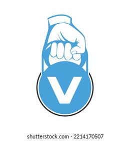 Kettlebell weight. Hand lifted kettlebell. letter V