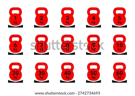 Kettlebell weight. Icon set. Measurement symbol with kilogram number marking. Isolated red flat vector load limit sign silhouette