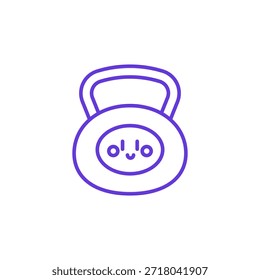  Icono de peso de Kettlebell. Ilustración de línea delgada de Kettlebell amistoso con cara sonriente, pictograma de equipo de entrenamiento de fuerza, entrenamiento físico, ejercicio de ajuste cruzado y acondicionamiento del gimnasio.
