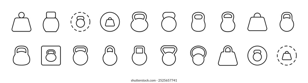 Kettlebell or Weight Related Line Icons for Web Sites, Books, Cards, Apps. Editable Stroke. Suitable for Web Sites, Books, Cards, Apps