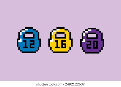 Pesos de Kettlebell con diferente peso en el arte de píxeles. Concepto creativo de deporte y Ocio para un estilo de vida saludable. Pegatina pixelada juguetona de moda Y2k colorida. Sentimiento de la estética de los 90