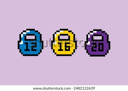 Kettlebell weights with different weight in pixel art. Icons set. Creative concept of sport and recreation for healthy life style. Colorful Y2k trendy playful pixelated sticker. Mood of 90's aesthetic
