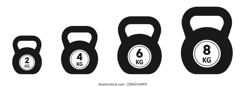  Kettlebell weights icons set, Fitness Kettlebell weight vector with different weights vector icons