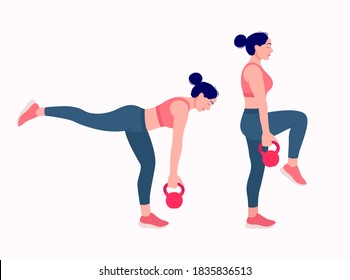 kettlebell workout  Workout. women exercise vector set. Women doing fitness and yoga exercises with kettlebell workout