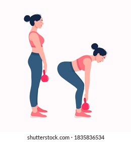 Kettlebell Workout  Workout. Women Exercise Vector Set. Women Doing Fitness And Yoga Exercises With Kettlebell Workout