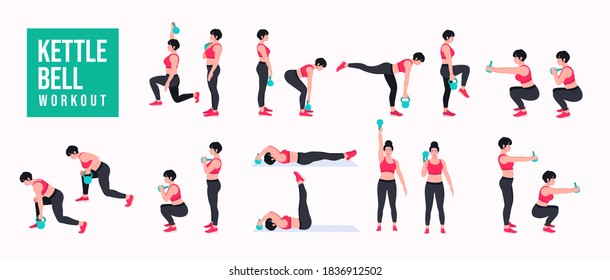 kettlebell Workout. women exercise vector set. Women doing fitness and yoga exercises. Lunges, Pushups, Squats, Dumbbell rows, Burpees, Side planks, Glute bridge, Leg Raise, Russian Twist .etc