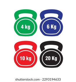 Kettlebells of different colors and weights on a white background