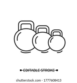 Kettlebells icon. Heavy weight dumbbells for power lifting linear pictogram. Concept of power raining, body building and home gym weight lifting exercise. Editable stroke vector illustration