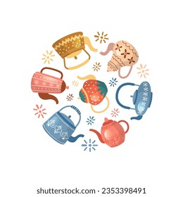 Kettles. decorated utensils in circle background. Vector template