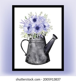 kettles with flowers bouquets anemone watercolor illustration