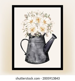 kettles with flowers bouquets magnolia watercolor illustration