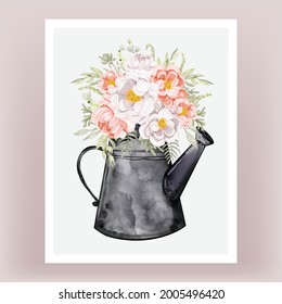 kettles with flowers bouquets peonies watercolor illustration