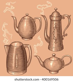 Kettles. Hand drawn engraving. Vector vintage illustration. Isolated on color background. 8 EPS