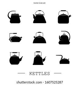 kettles icon black set vector. Teapot logo. kettle gas black sign. Black Kettle with handle icon isolated on white background. Kettle in art style vector icon. kettle emblem illustration set