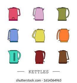 kettles icon color set vector. Teapot logo. kettle electric color. Color Kettle with handle icon isolated on white background. Kettle in line art style vector icon. kettle electric color emblem sign