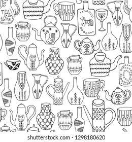 Kettles and jugs seamless pattern. Hand drawn kitchen utensils with different ornament on white background. Vector. 