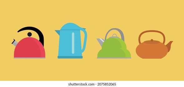 Kettles for the kitchen. A set of teapots for the kitchen. Different types of kettles, teapot, electric kettle, kettle for gas stove and kettle for induction cooker.