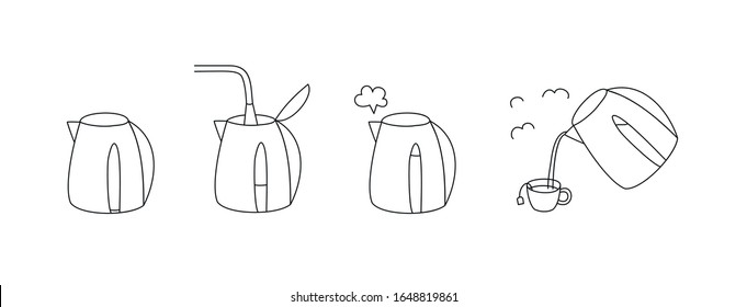 kettles linear set vector. kettle black thin line, linear. Black Kettle with handle icon isolated on white background. Kettle in line art style vector