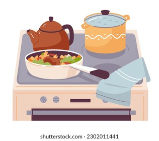 Kettles and pots on the kitchen stove. Pasta with vegetables and soup are cooked on the stove. Home cooking. Cartoon flat vector illustration.