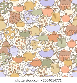 Kettles seamless pattern in doodle style. Cute retro background. Print for wrapping paper, packaging, scrapbooking, textile, fabric.