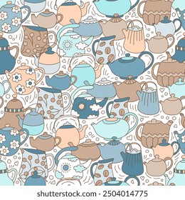 Kettles seamless pattern in doodle style. Cute retro background. Print for wrapping paper, packaging, scrapbooking, textile, fabric.